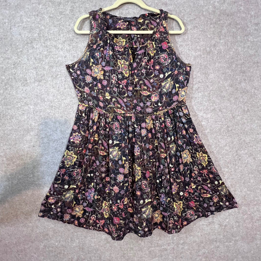 Peruvian Connection Floral Sleeveless Dress Womens 14 Black Boho Artsy Viscose