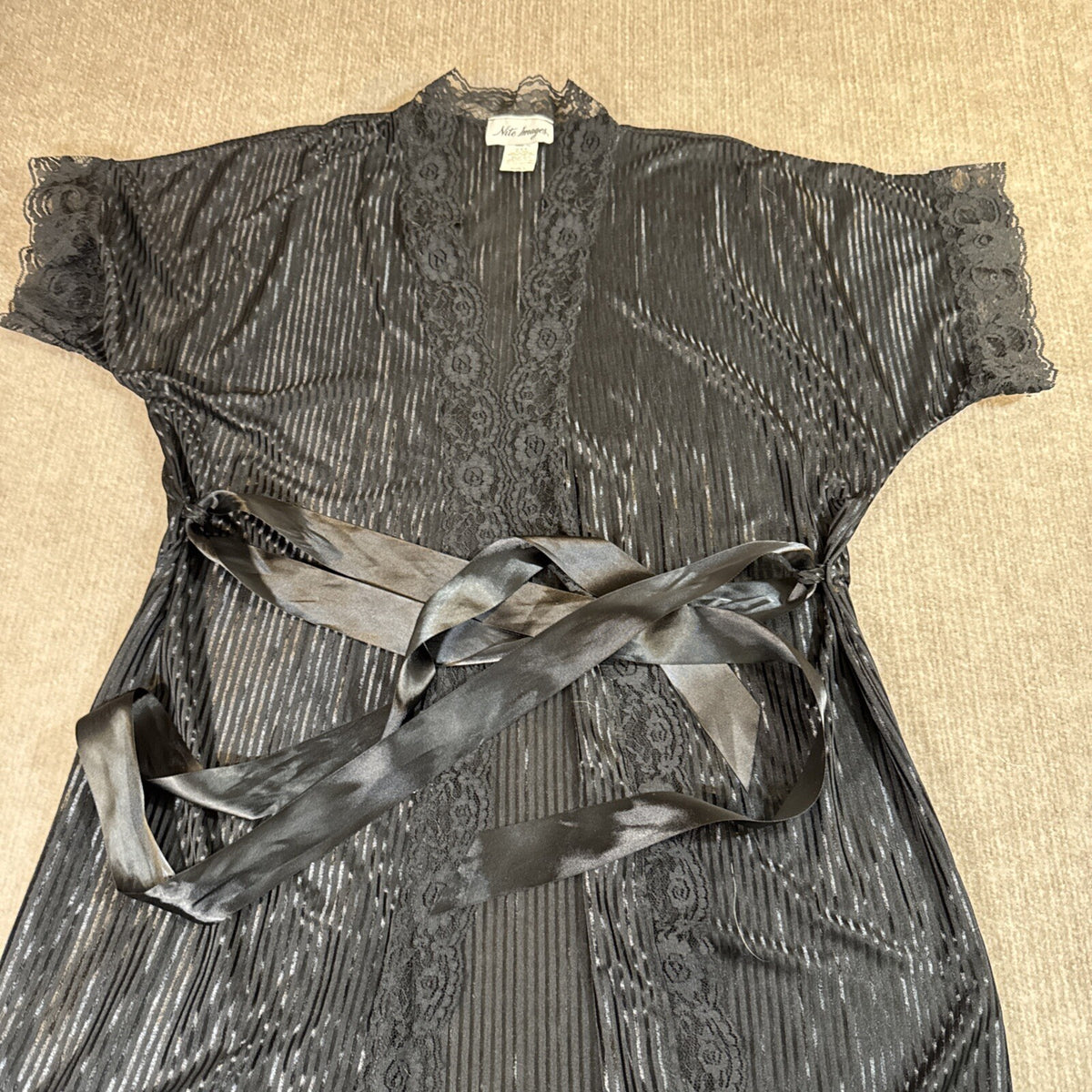 Nite Images Black Sheer Striped Lace Trim Kimono Robe Tie Belt Size Small