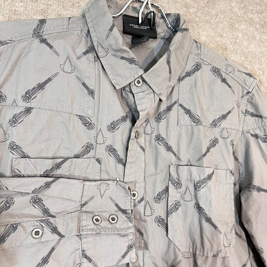 Assassin's Creed Hidden Blade Shirt Mens S Gray AOP Button Up Ubisoft Gamer