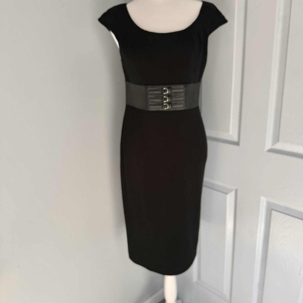 Adrianna Papell Size 4 Black Dress with Faux Leather Waist Cinch - Goth Style