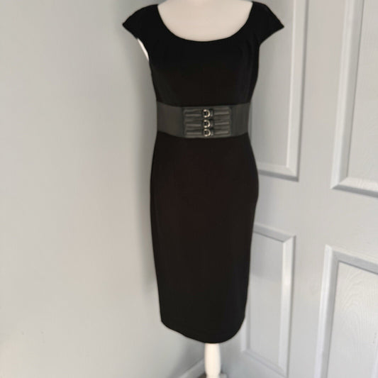 Adrianna Papell Size 4 Black Dress with Faux Leather Waist Cinch - Goth Style
