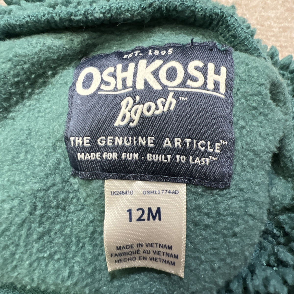 OshKosh Boys 12M Hoodie Fleece Sherpa Lined Pullover Green Blue Toddler