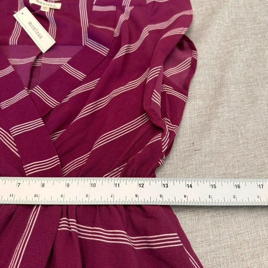 NWT Monteau Faux Wrap Lg Stripe V Neck Midi Dress w/ Flutter Sleeve Romantic
