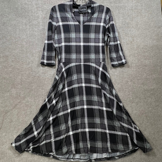 Leota Plaid Midi Dress 3/4 Sleeve V Neck A Line Made in New York Size L