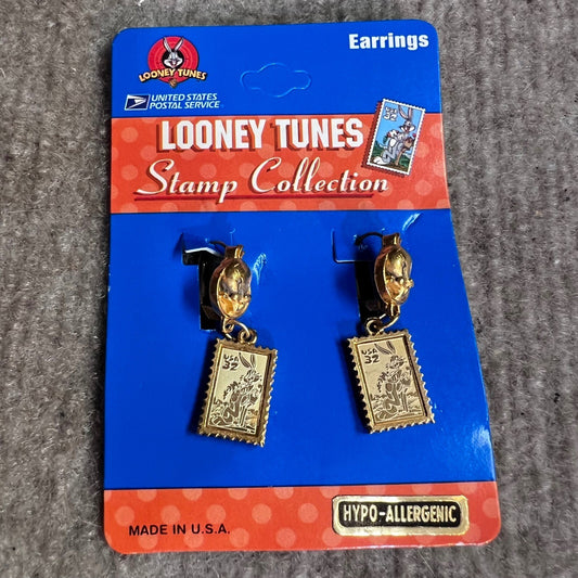 Vintage Looney Tunes Earrings Unisex OS Bugs Bunny Stamp Gold Tone 1997 USPS