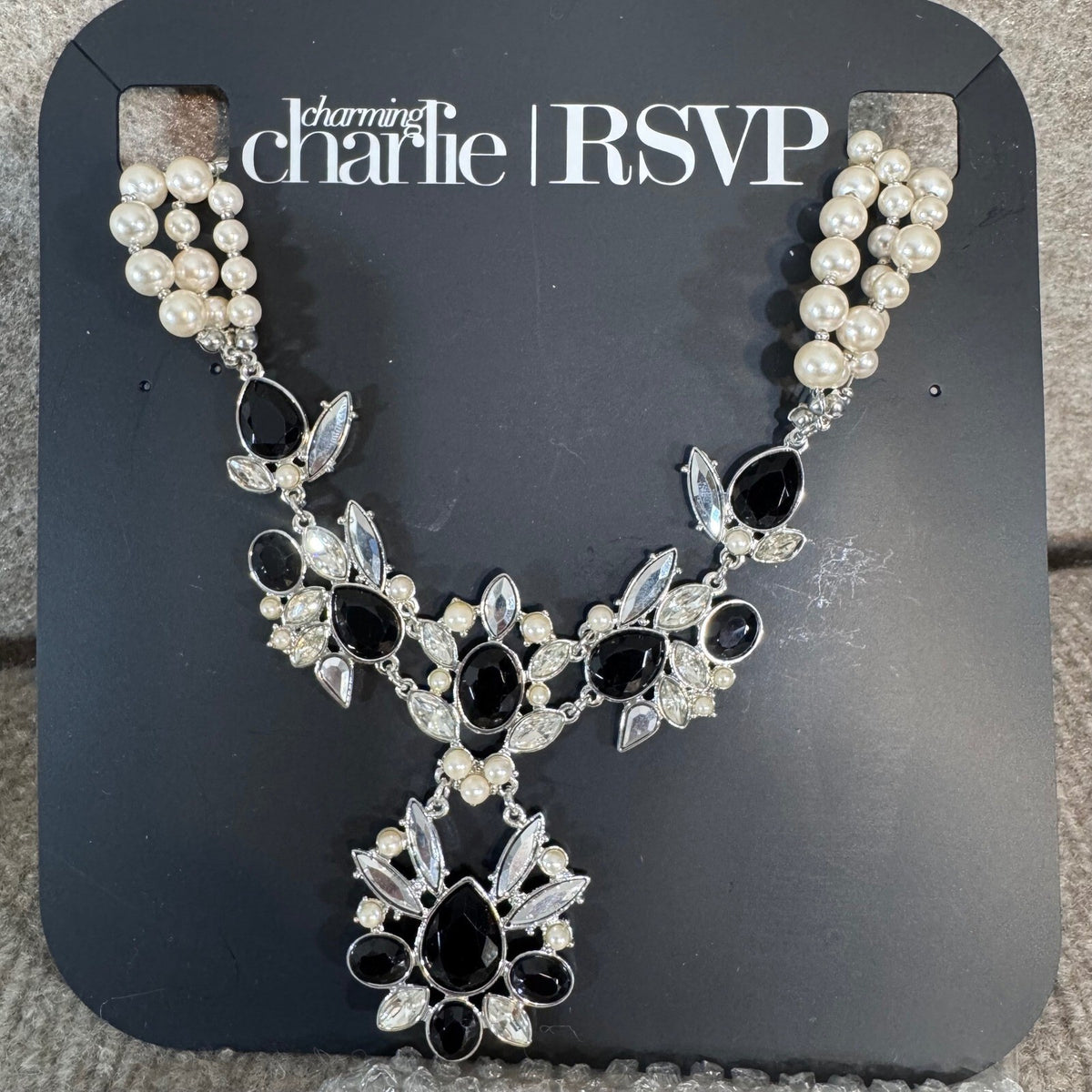 Charming Charlie RSVP Statement Bib Necklace Faux Pearl Rhinestone Wedding Glam
