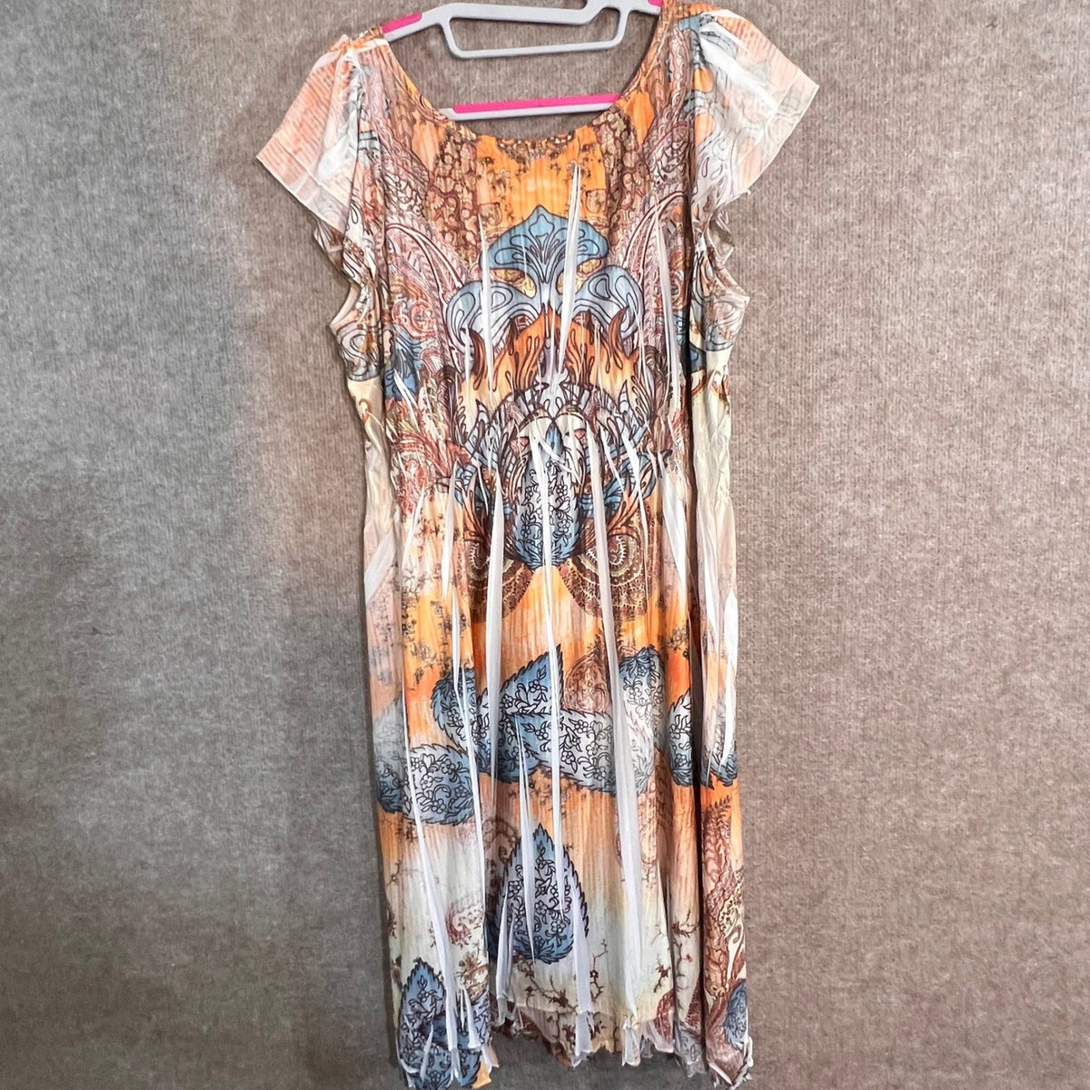 Unity World Wear Dress Womens Large Orange Paisley Crochet Neckline Boho Chic