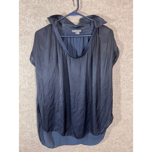 Vince Silk Cap Sleeve Blouse Womens 6 Navy Blue V-Neck Drapey Minimalist Chic