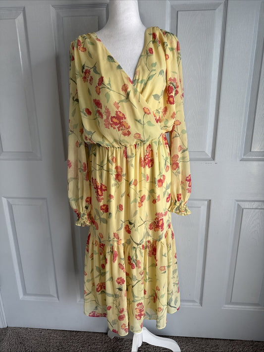 Lauren Ralph Lauren Butter Yellow Floral Tiered Dress Sz 14 Cottagecore Fairy