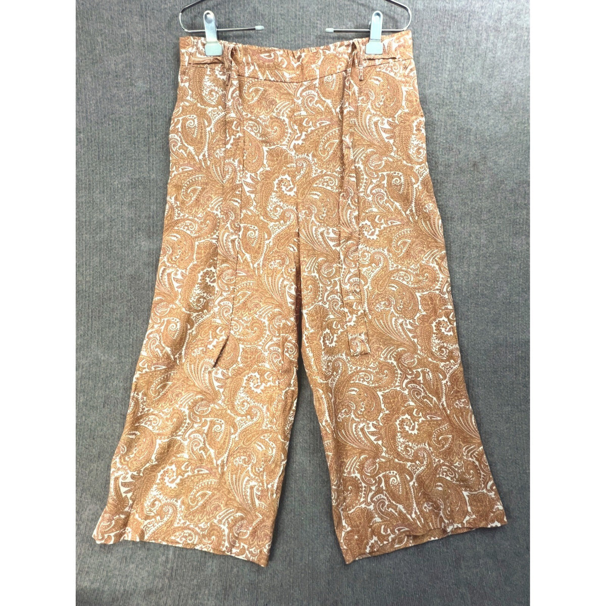 Sigrid Olsen Women Lg Linen Paisley Print Wide Leg Cropped Pants Elastic Waist
