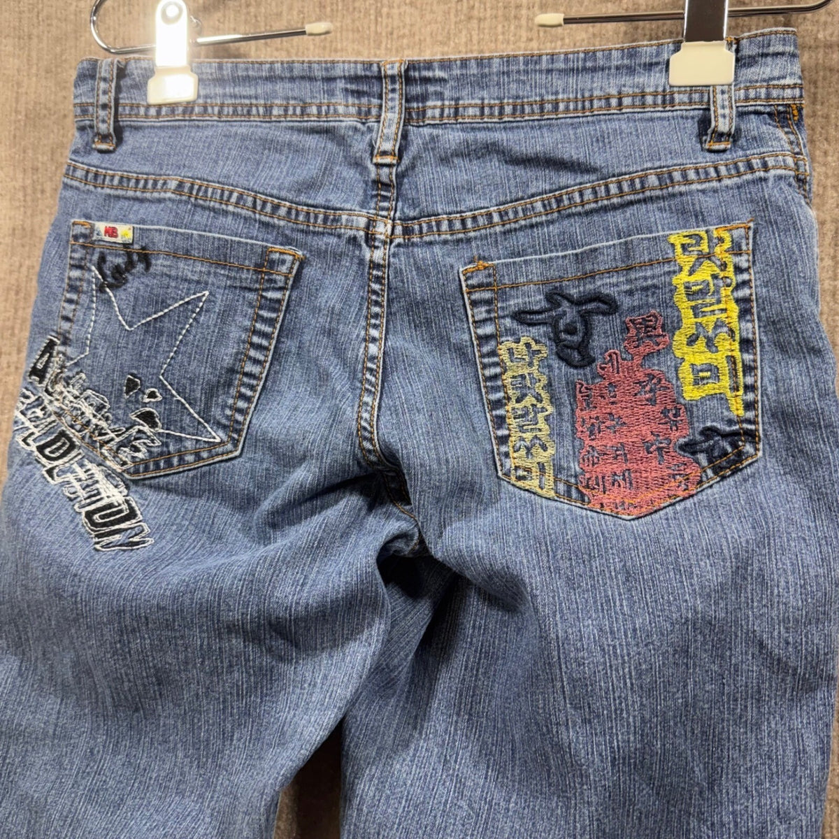 Moto Blues Jeans Girls women 8 Flared Embroidered Word Art Denim Pants