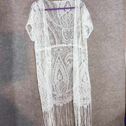 Sheer Lace Fringe Kimono Cardigan One Size White Boho Festival Beach Cover Up