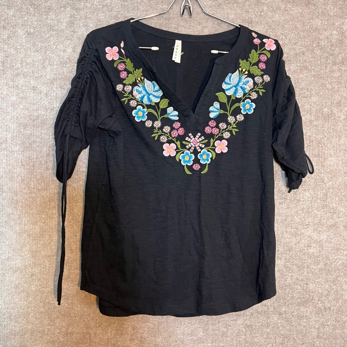 Roper Embroidered Top Women Small Floral V-Neck Cinched Sleeve Western Boho